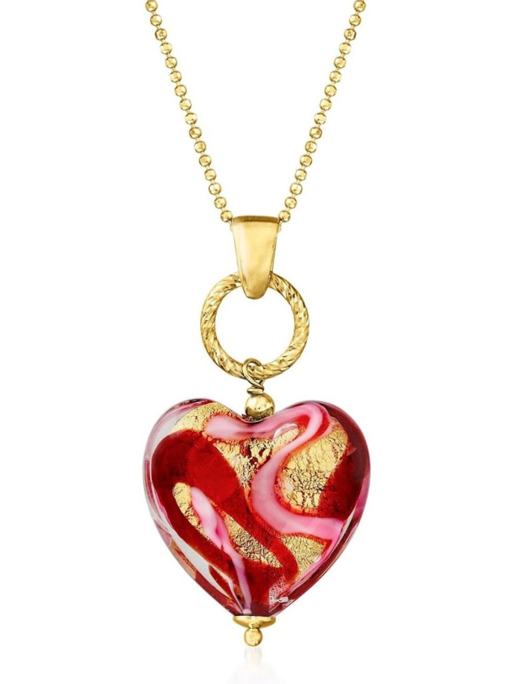 Italian Murano Glass Heart Necklace, Red & Pink, 18kt Gold Over Sterling